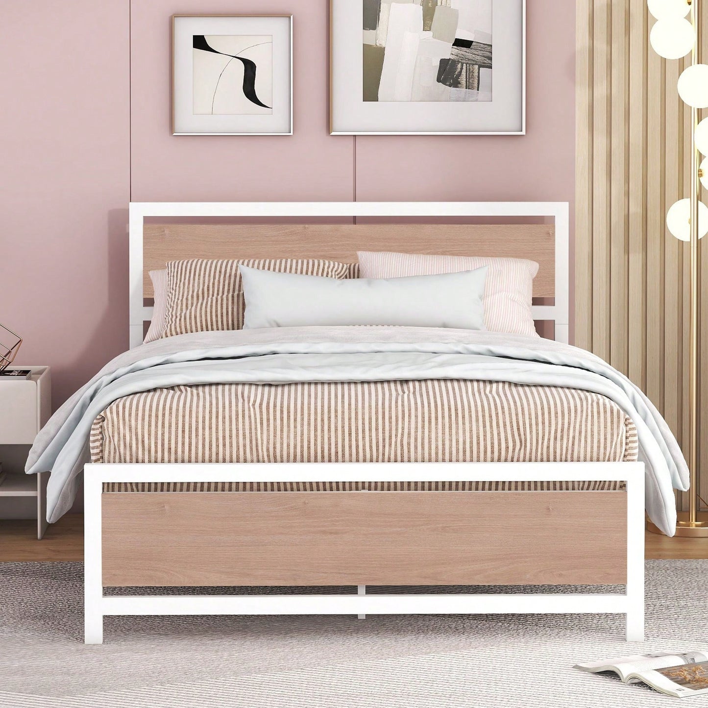 Full Size Platform Bed, Metal And Wood Bed Frame With Headboard And Footboard