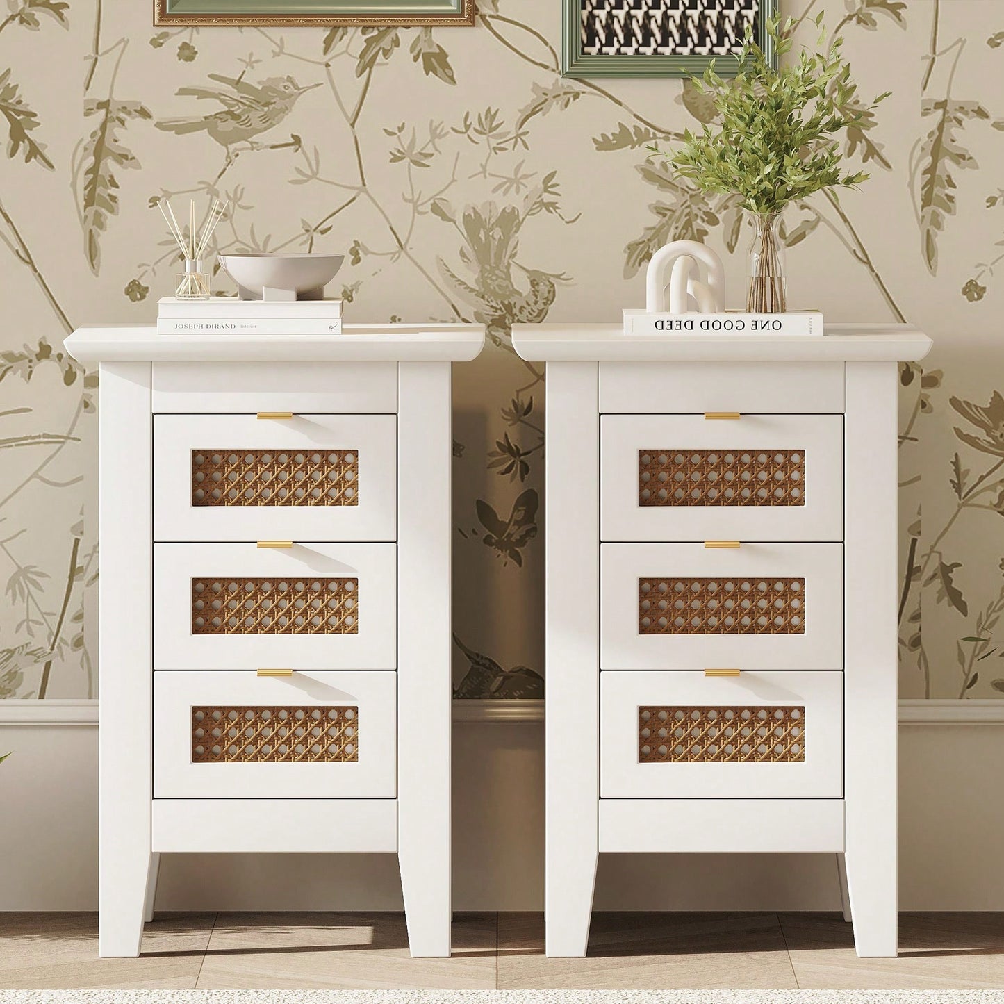 Set Of 2, Rattan-Woven Nightstand With Three Drawers, Exquisite Elegance For Bedroom