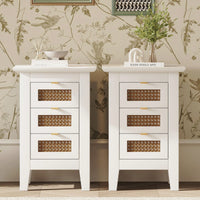 Set Of 2, Rattan-Woven Nightstand With Three Drawers, Exquisite Elegance For Bedroom