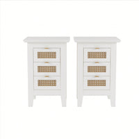 Set Of 2, Rattan-Woven Nightstand With Three Drawers, Exquisite Elegance For Bedroom