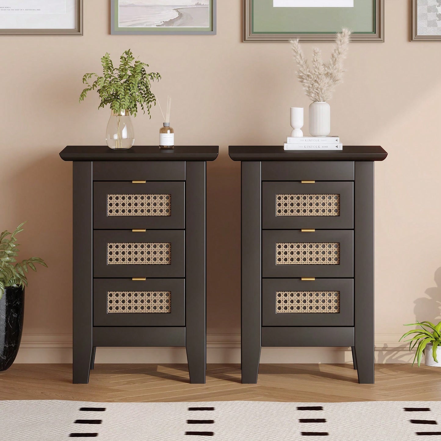 Set Of 2, Rattan-Woven Nightstand With Three Drawers, Exquisite Elegance For Bedroom