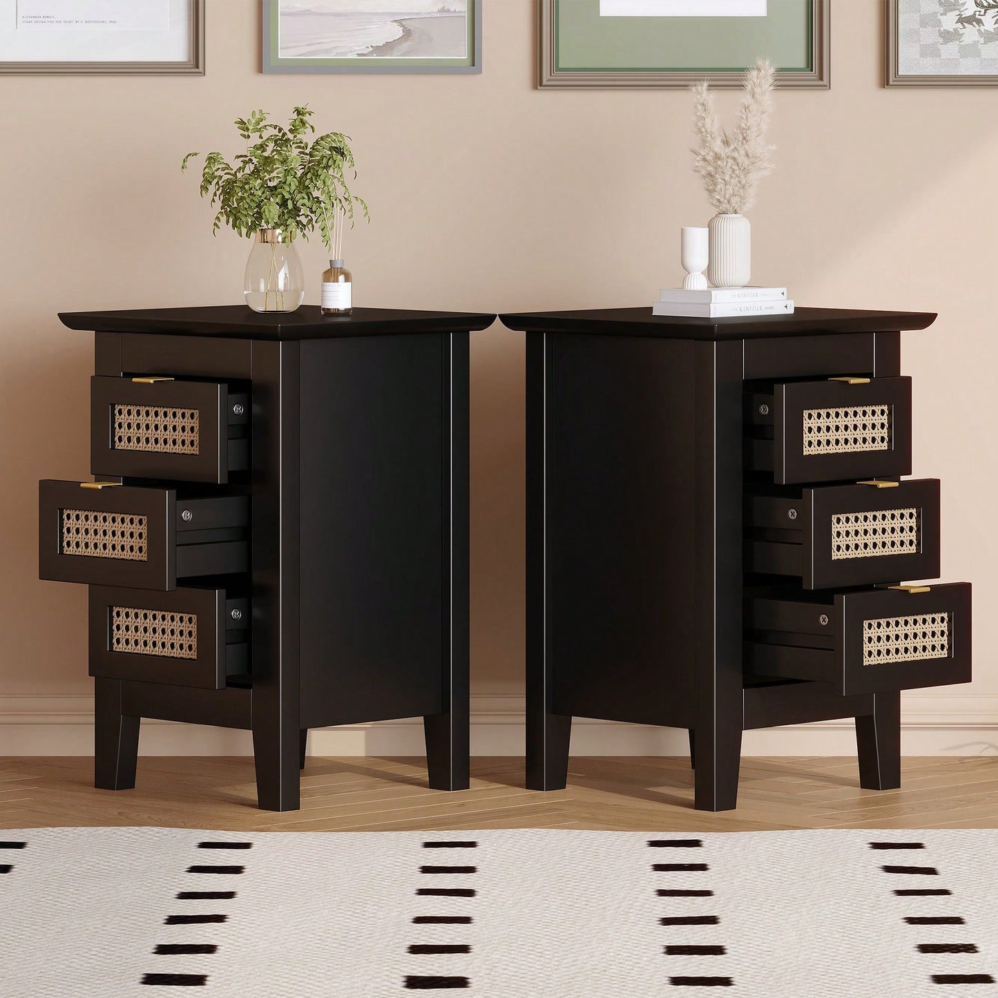 Set Of 2, Rattan-Woven Nightstand With Three Drawers, Exquisite Elegance For Bedroom