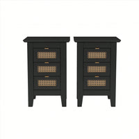 Set Of 2, Rattan-Woven Nightstand With Three Drawers, Exquisite Elegance For Bedroom