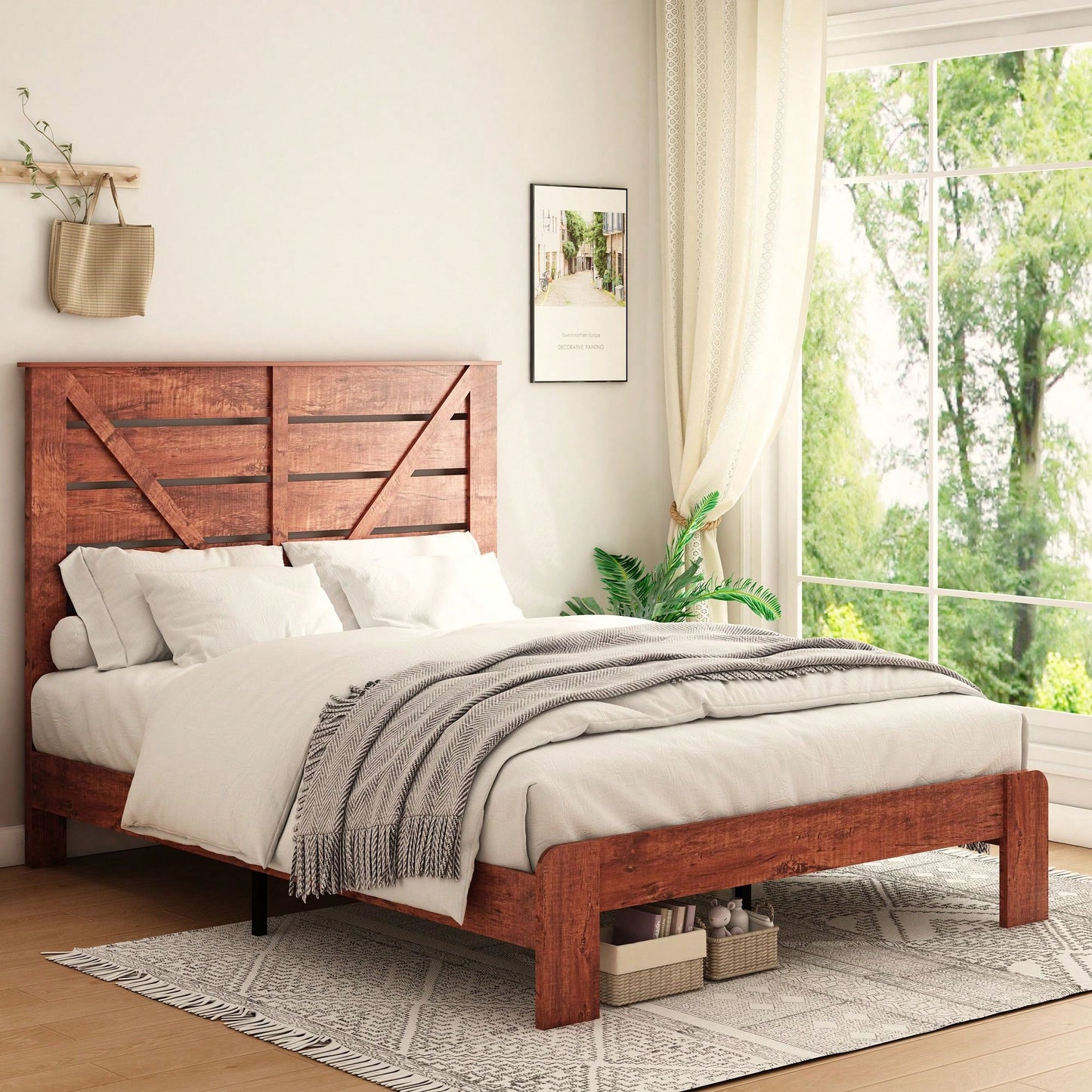 Full Bed Frame Headboard And Charging Station, Wood Platform Bed, Sturdy And No Noise, No Box Spring Needed, Vintage Brown