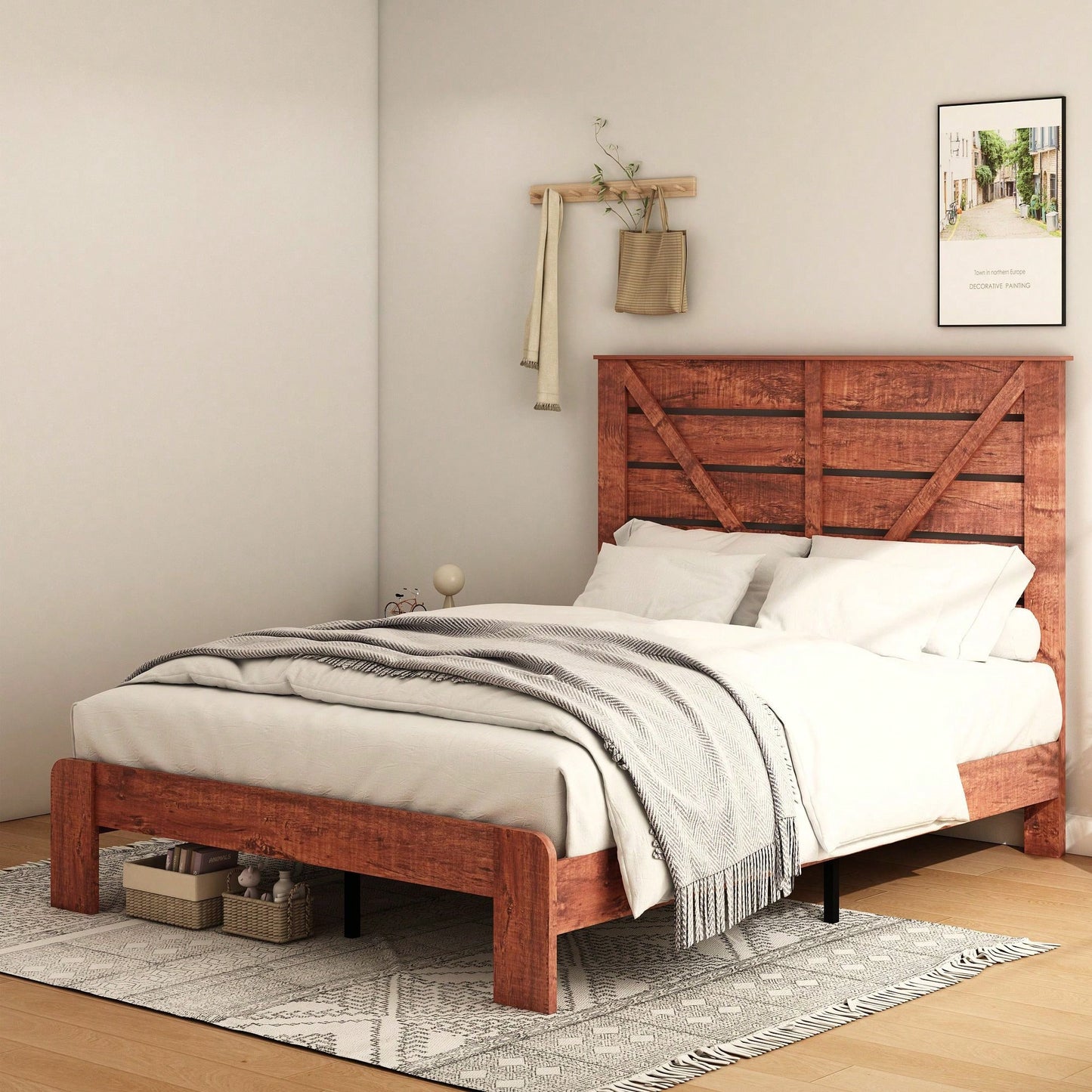 Full Bed Frame Headboard And Charging Station, Wood Platform Bed, Sturdy And No Noise, No Box Spring Needed, Vintage Brown