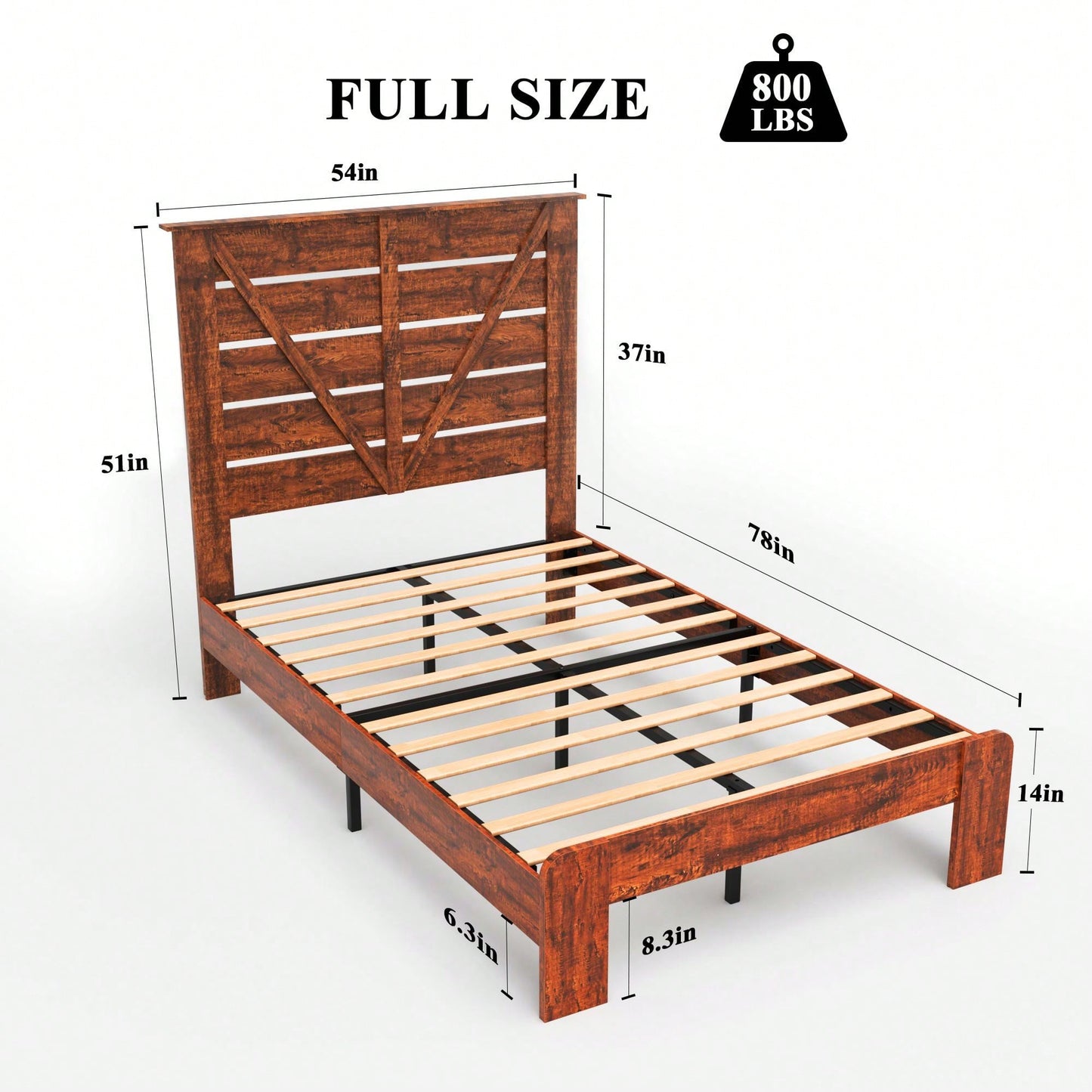 Full Bed Frame Headboard And Charging Station, Wood Platform Bed, Sturdy And No Noise, No Box Spring Needed, Vintage Brown