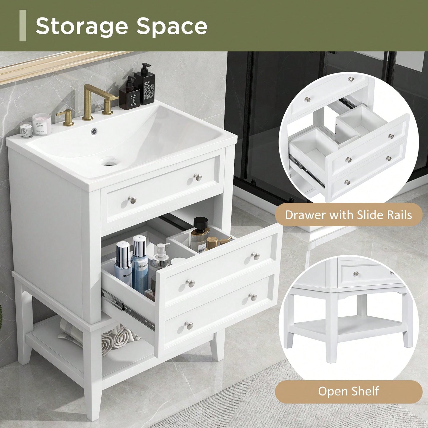 24" Bathroom Vanity Without Sink, Solid Wood Frame, Bathroom Storage Cabinet With Drawer And Open Shelf