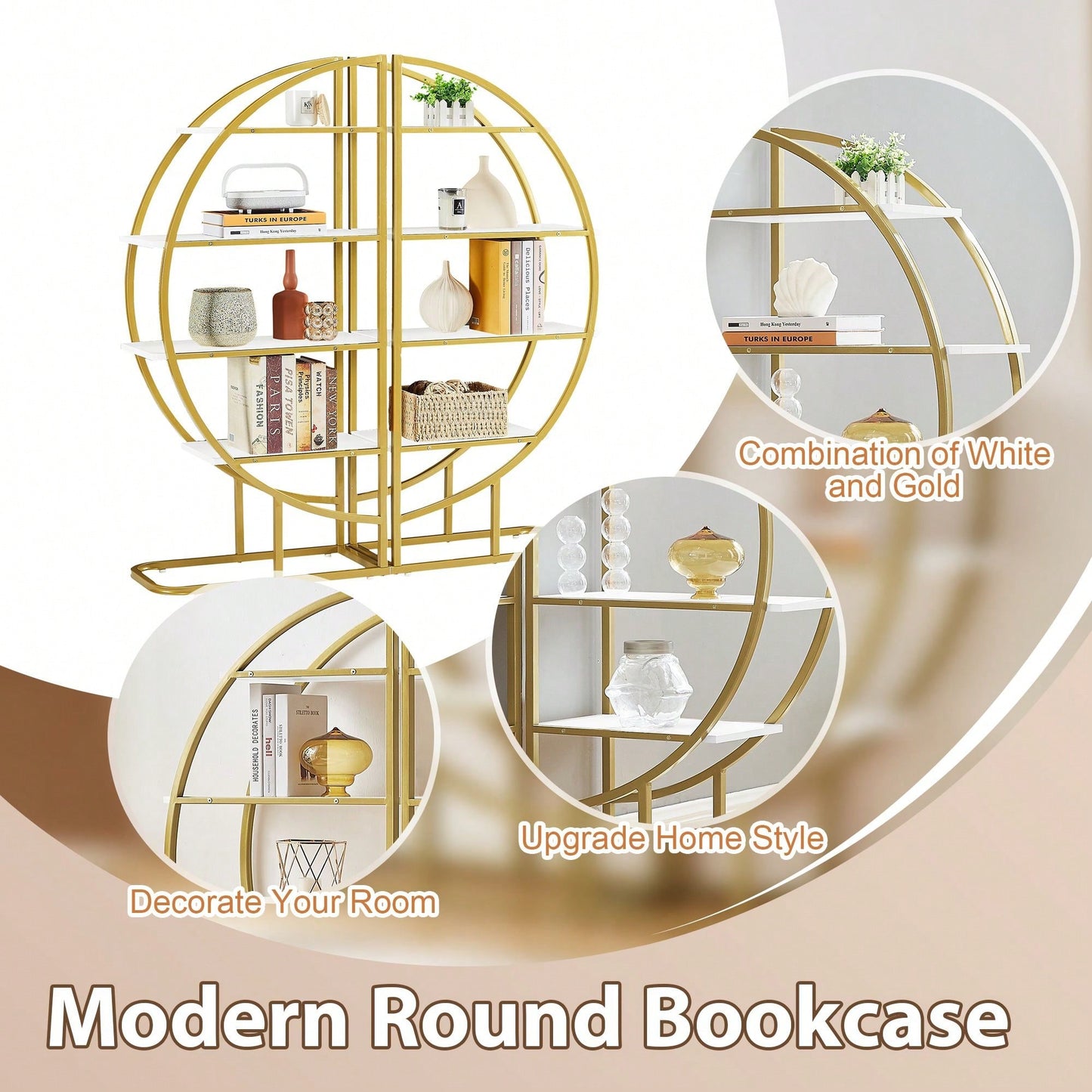 Four Tiers Home Office Open Bookshelf, Round Shape, Different Placement Ways, MDF Board, Gold Metal Frame