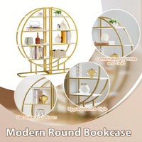Four Tiers Home Office Open Bookshelf, Round Shape, Different Placement Ways, MDF Board, Gold Metal Frame