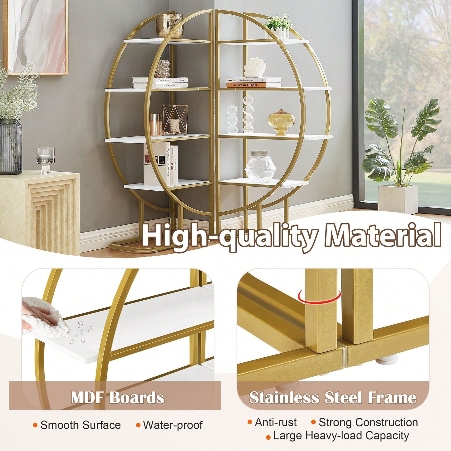Four Tiers Home Office Open Bookshelf, Round Shape, Different Placement Ways, MDF Board, Gold Metal Frame