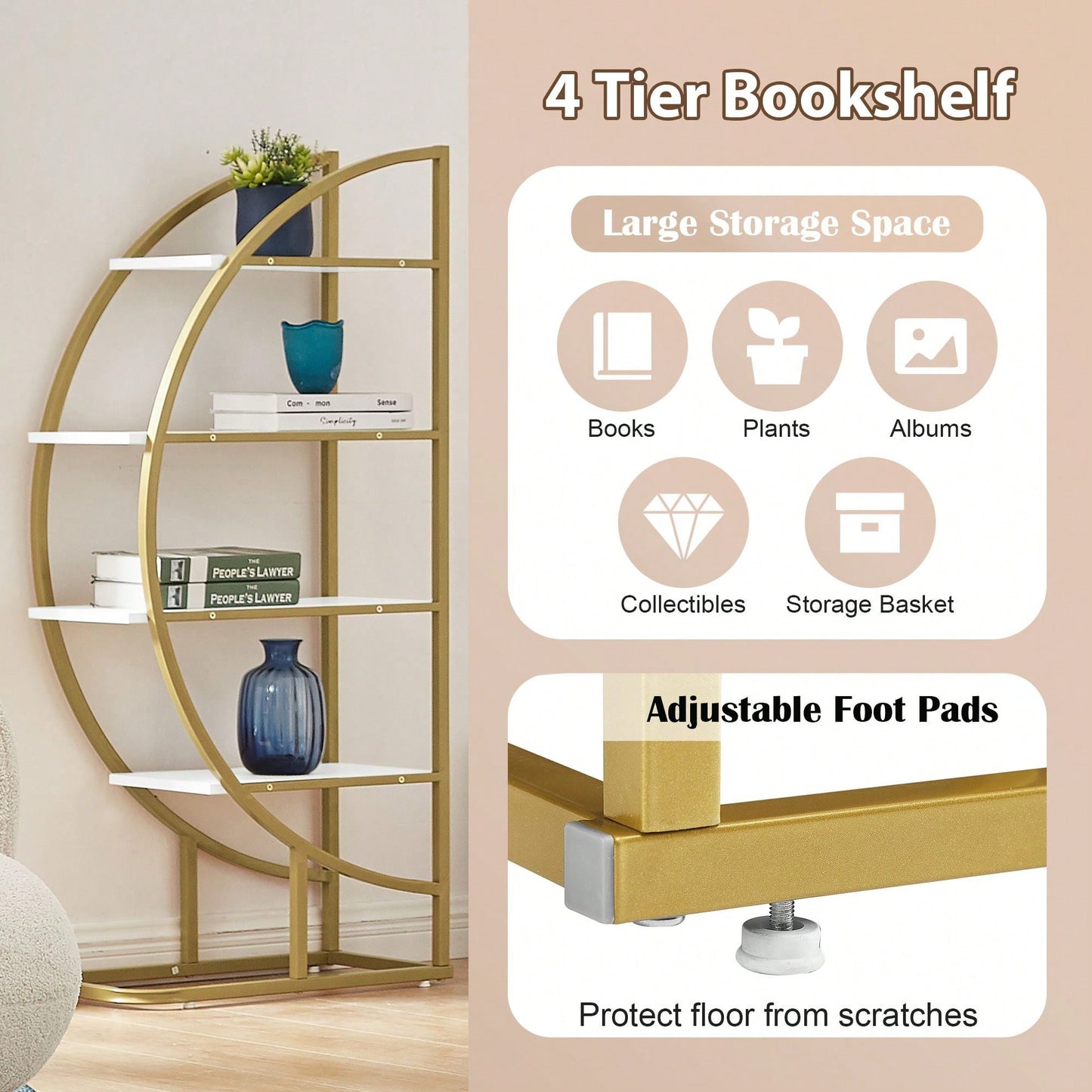 Four Tiers Home Office Open Bookshelf, Round Shape, Different Placement Ways, MDF Board, Gold Metal Frame