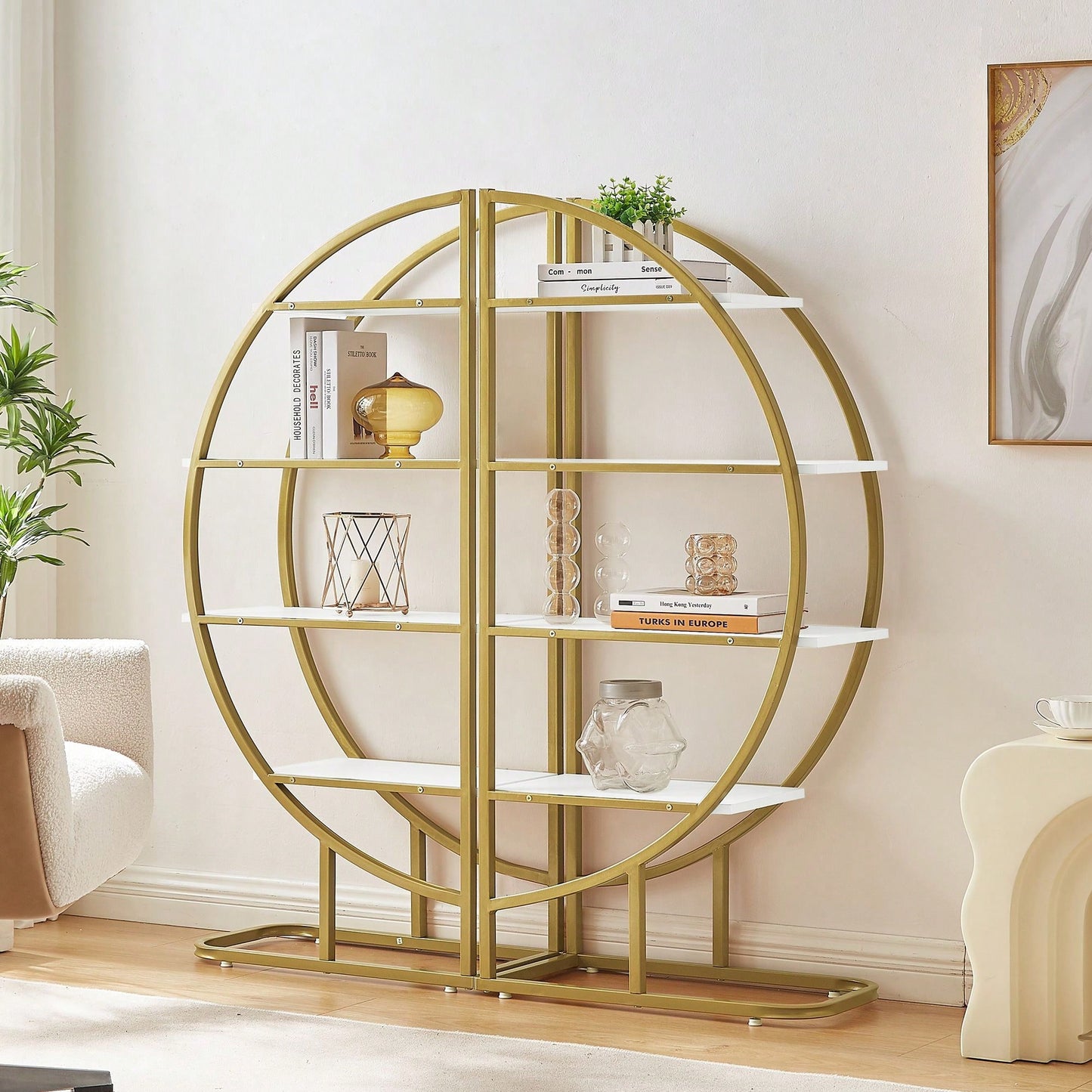 Four Tiers Home Office Open Bookshelf, Round Shape, Different Placement Ways, MDF Board, Gold Metal Frame