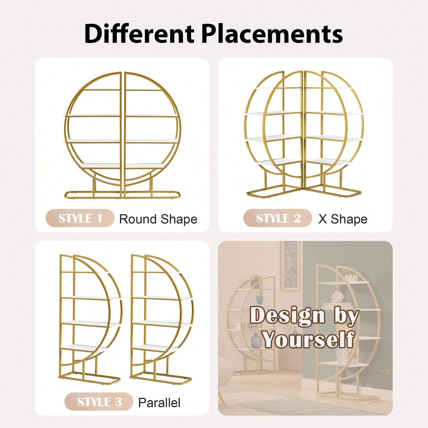 Four Tiers Home Office Open Bookshelf, Round Shape, Different Placement Ways, MDF Board, Gold Metal Frame