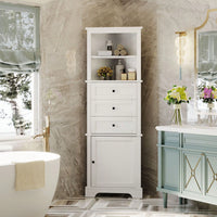 White Triangle Tall Cabinet With 3 Drawers And Adjustable Shelves For Bathroom, Kitchen Or Living Room