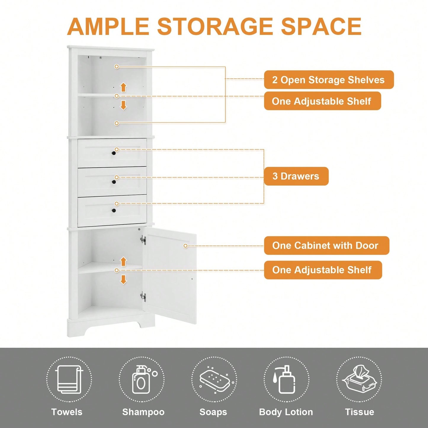 White Triangle Tall Cabinet With 3 Drawers And Adjustable Shelves For Bathroom, Kitchen Or Living Room