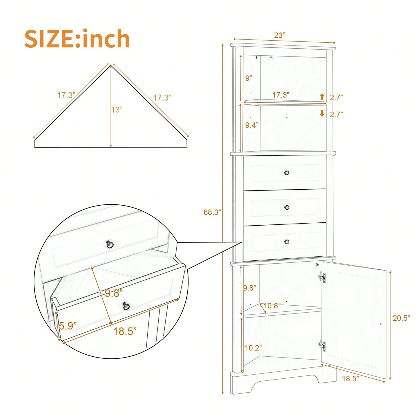 White Triangle Tall Cabinet With 3 Drawers And Adjustable Shelves For Bathroom, Kitchen Or Living Room