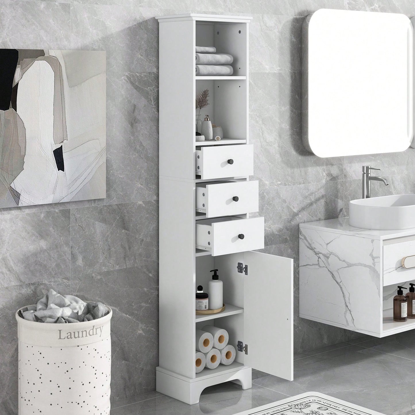 Tall Bathroom Cabinet, Freestanding Storage Cabinet With 3 Drawers And Adjustable Shelf