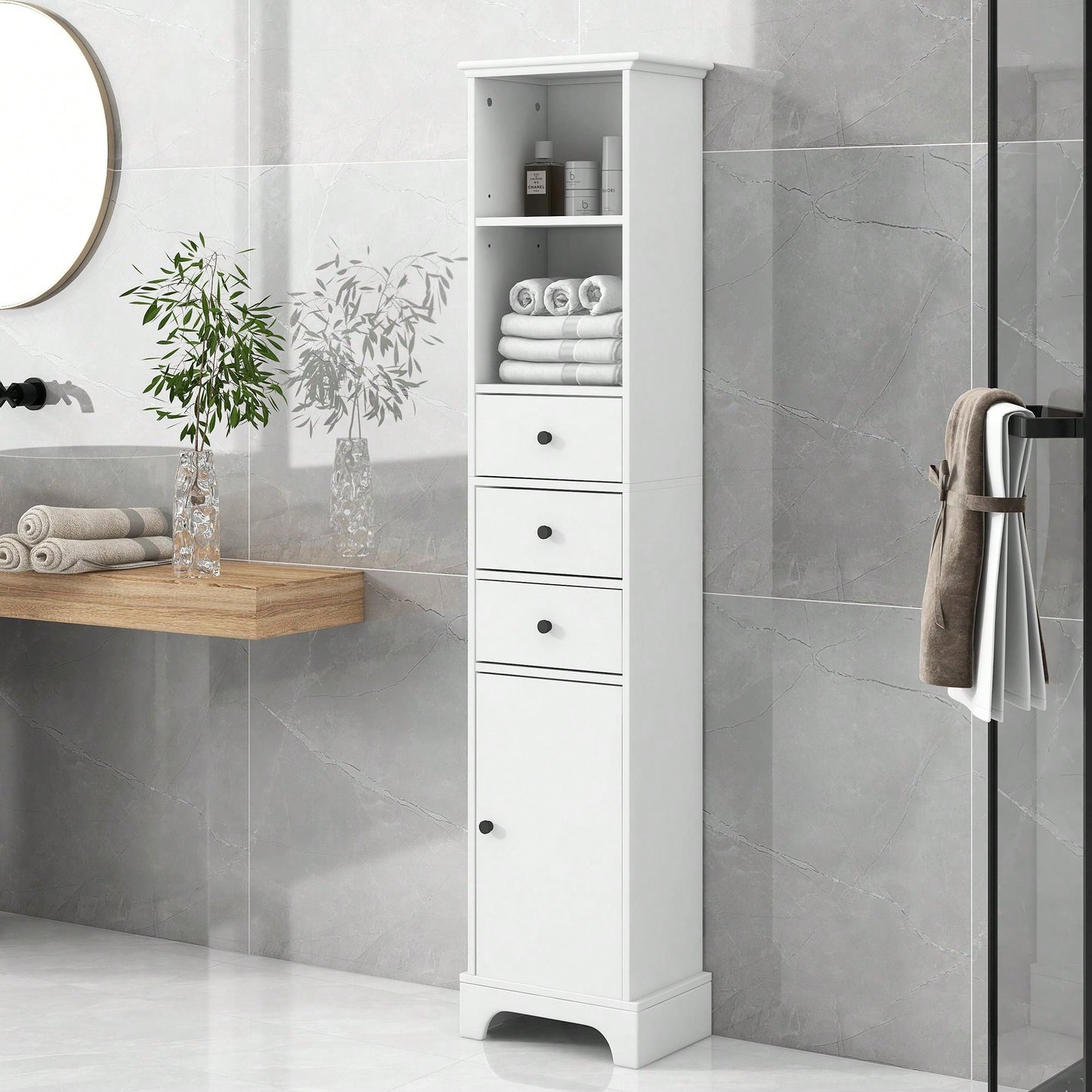 Tall Bathroom Cabinet, Freestanding Storage Cabinet With 3 Drawers And Adjustable Shelf