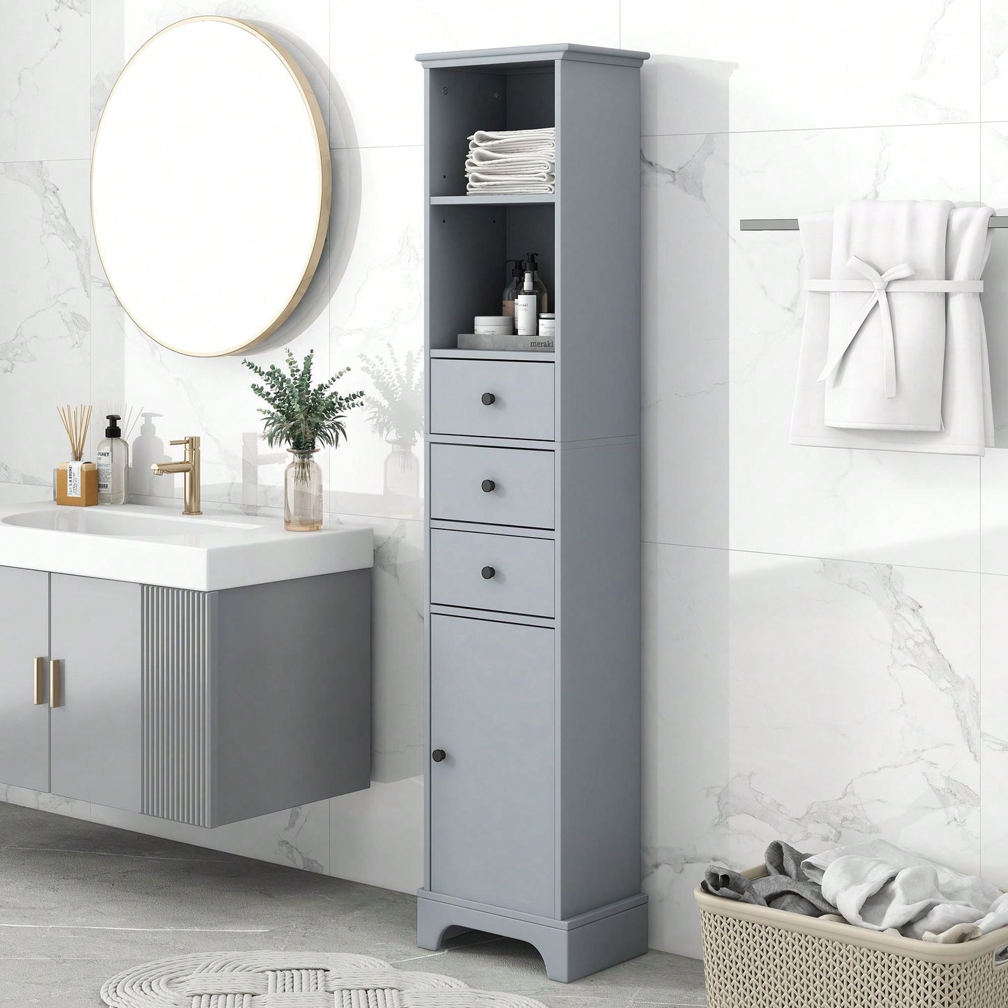 Tall Bathroom Cabinet, Freestanding Storage Cabinet With 3 Drawers And Adjustable Shelf