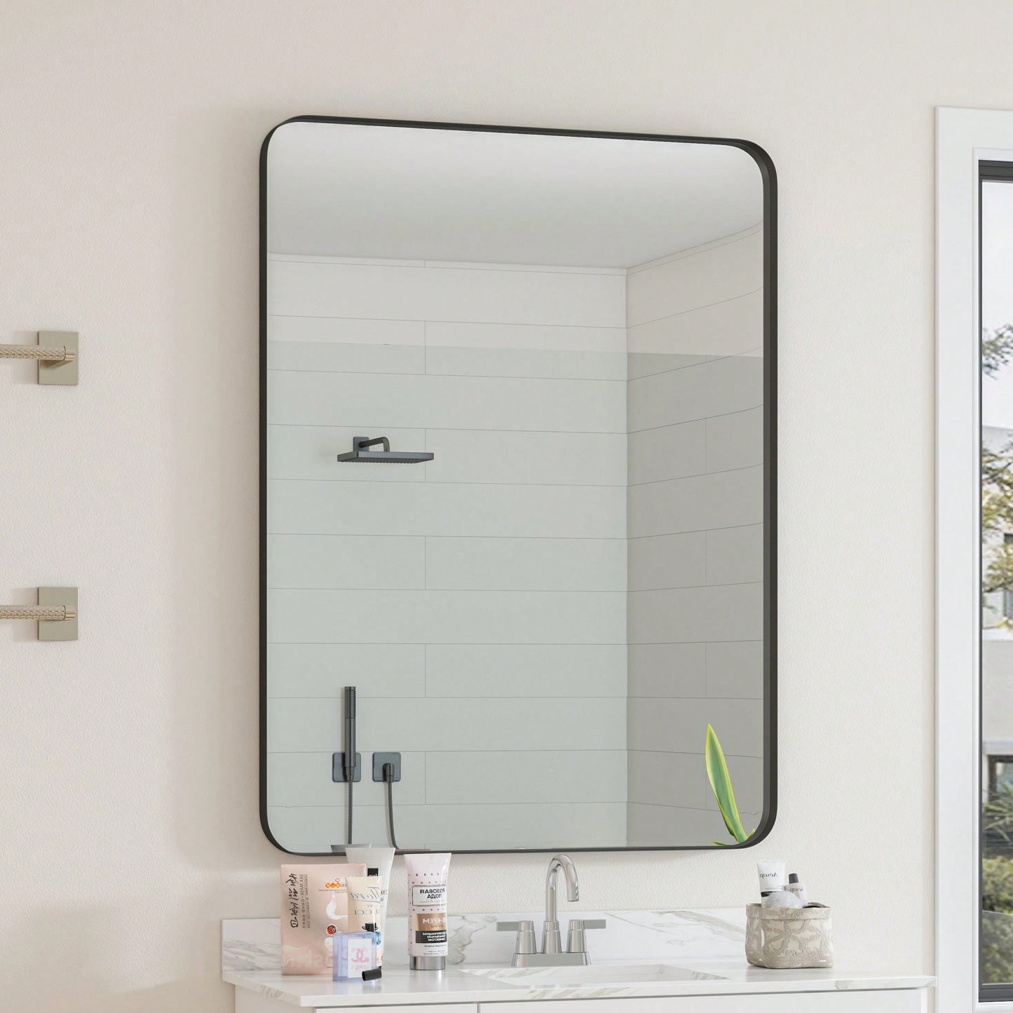 30x40 Inch Wall Mounted Black Rectangular Mirror Metal Framed Mirror For Bathroom, Living Room, Bedroom Wall Decor
