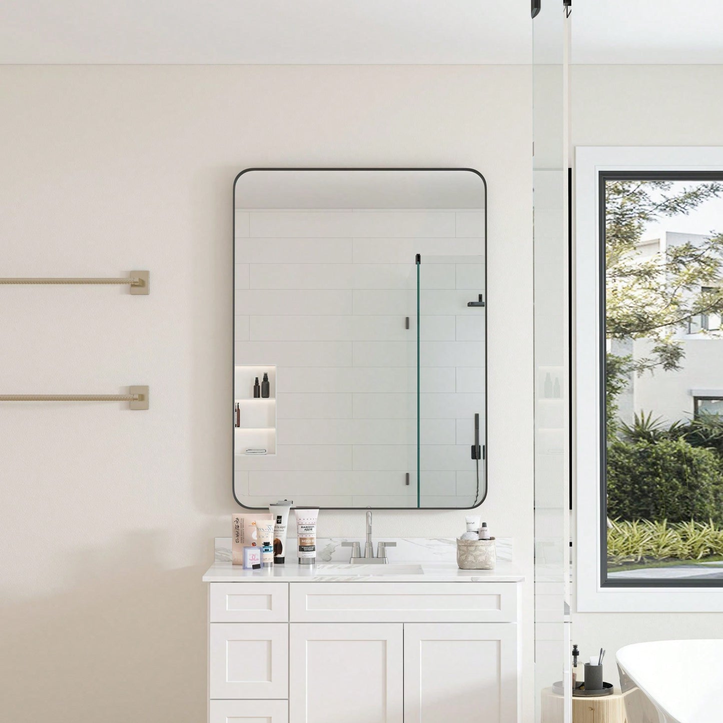 30x40 Inch Wall Mounted Black Rectangular Mirror Metal Framed Mirror For Bathroom, Living Room, Bedroom Wall Decor