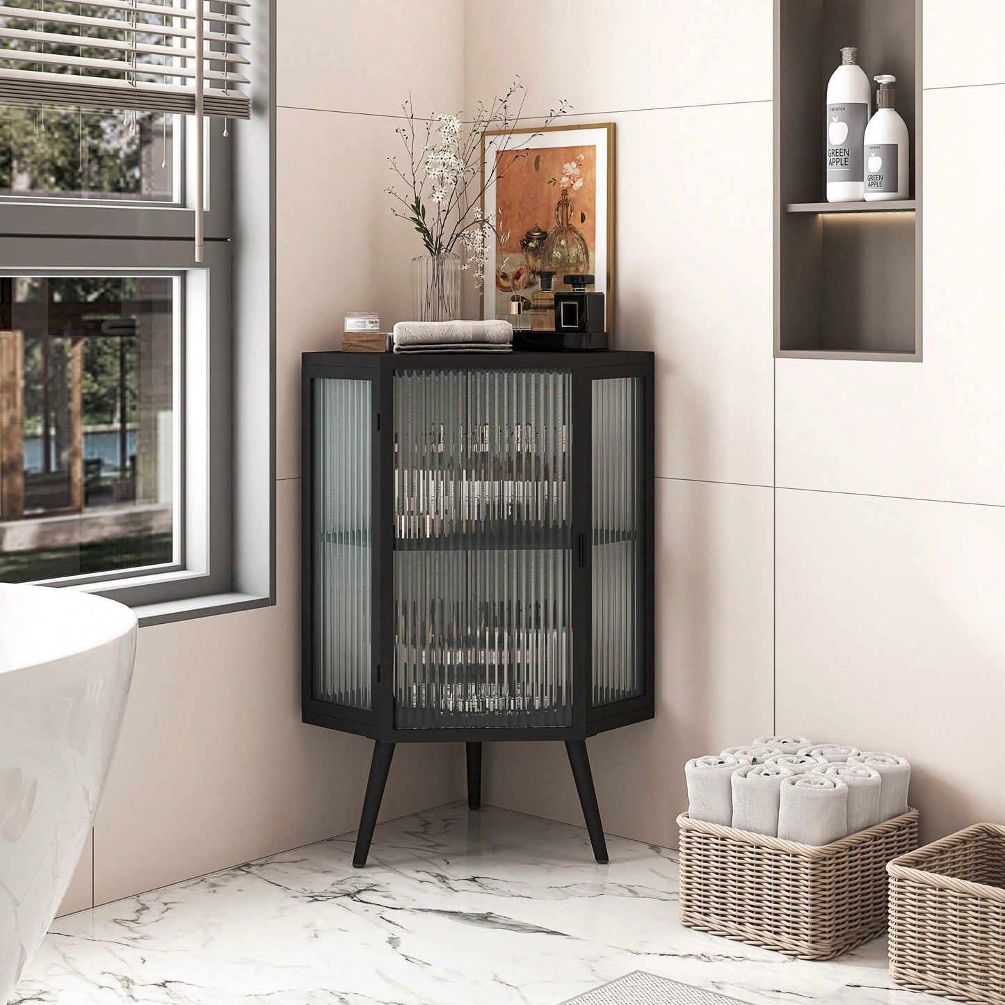 22.25" Floor Coner Cabinet With Tempered Glass Door & Storage Shelves For Bathroom, Living Room, Bedroom