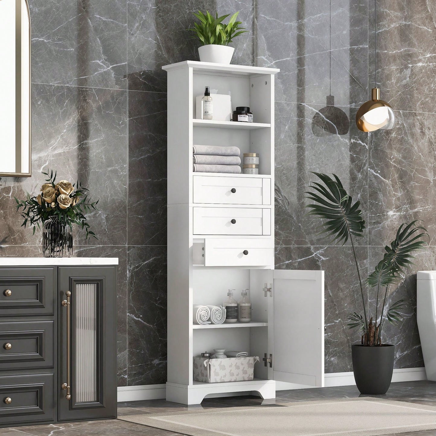 Tall Storage Cabinet With 3 Drawers And Adjustable Shelves For Bathroom, Kitchen And Living Room