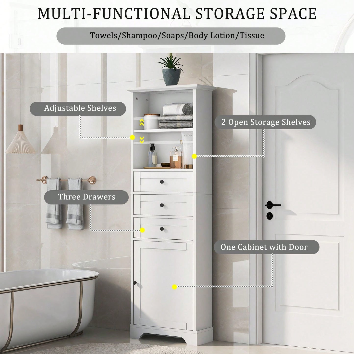 Tall Storage Cabinet With 3 Drawers And Adjustable Shelves For Bathroom, Kitchen And Living Room