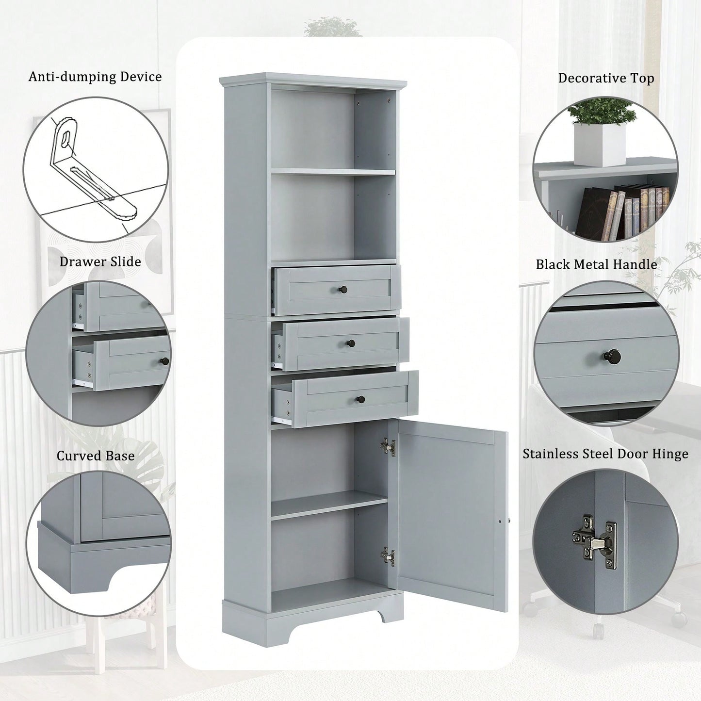 Tall Storage Cabinet With 3 Drawers And Adjustable Shelves For Bathroom, Kitchen And Living Room