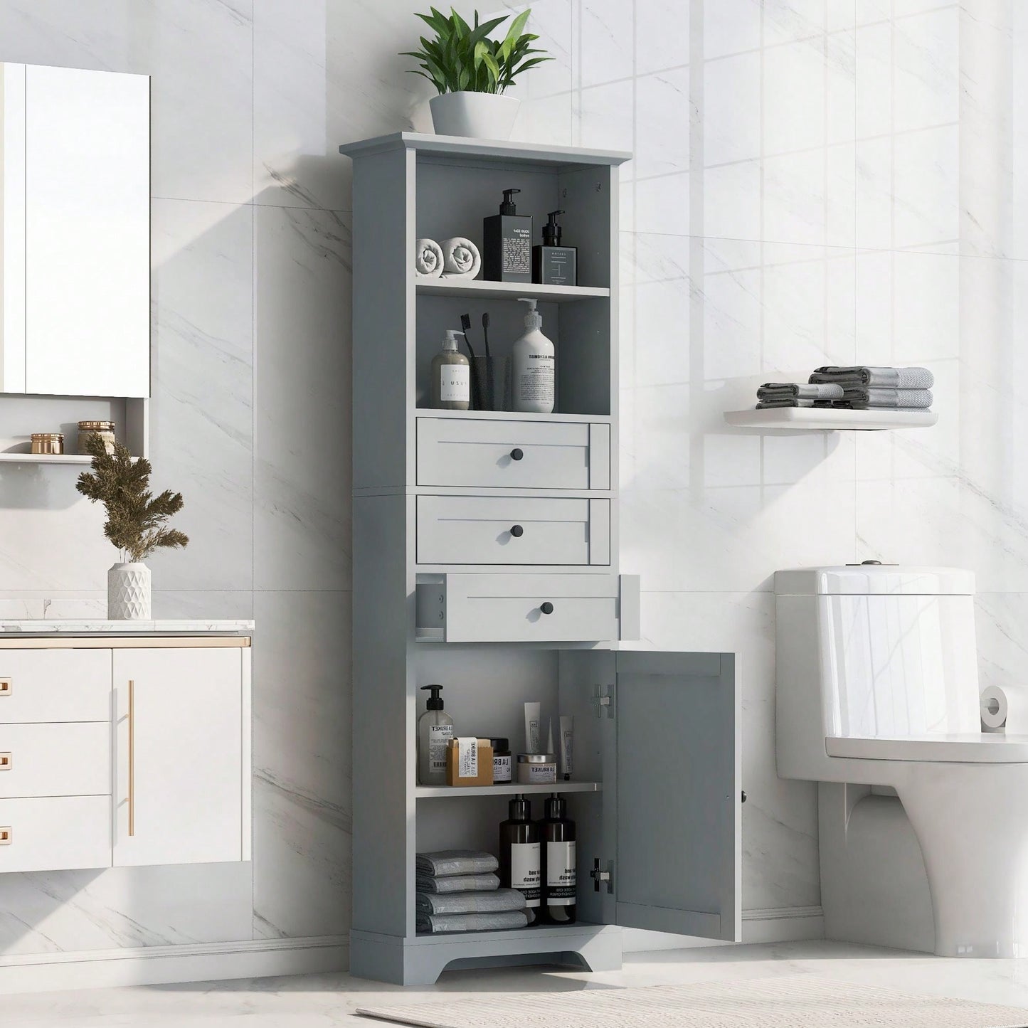 Tall Storage Cabinet With 3 Drawers And Adjustable Shelves For Bathroom, Kitchen And Living Room