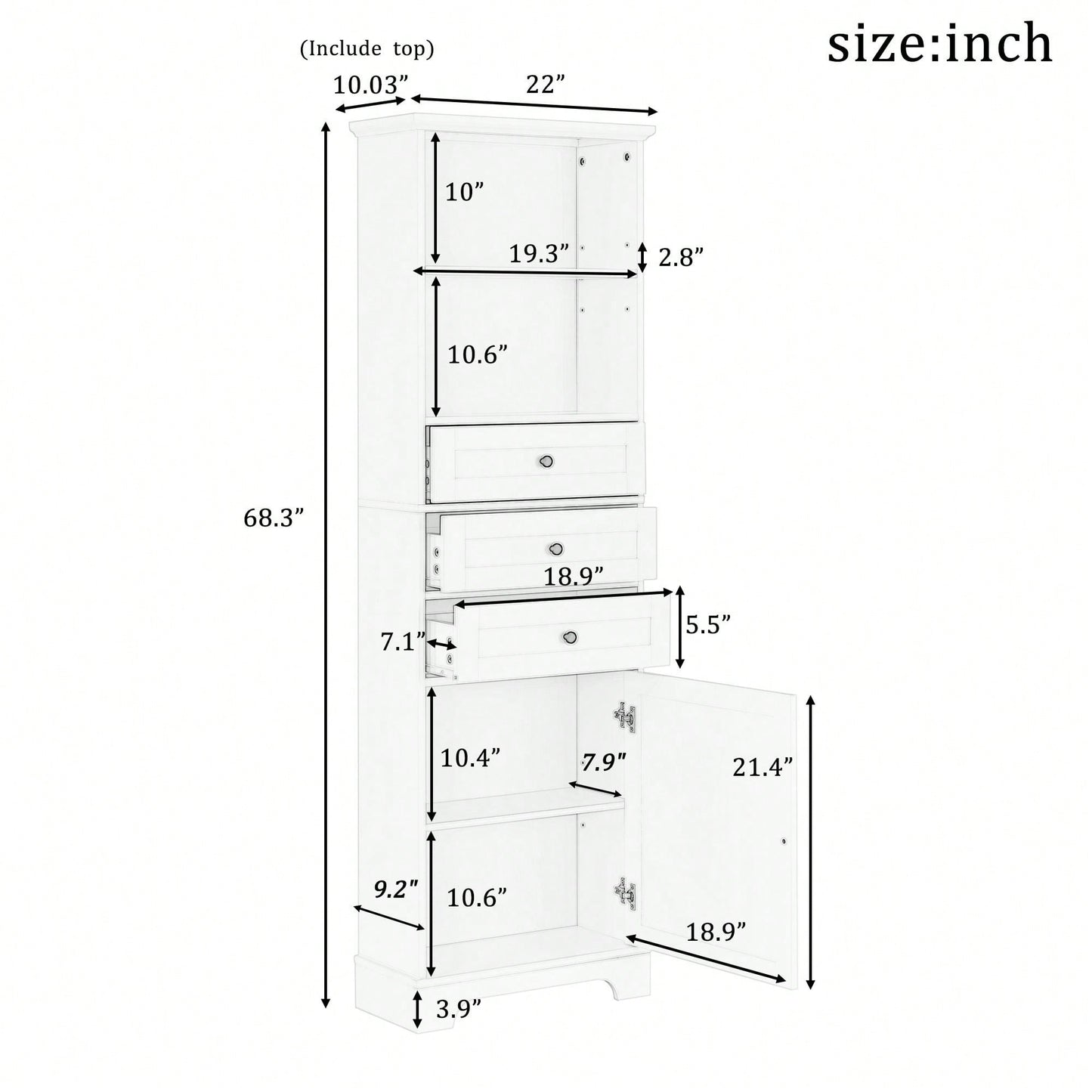 Tall Storage Cabinet With 3 Drawers And Adjustable Shelves For Bathroom, Kitchen And Living Room