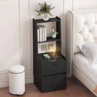 Modern Nightstand with Charging Station and Night Light - Stylish Storage Cabinet for Bedroom with Bookshelf