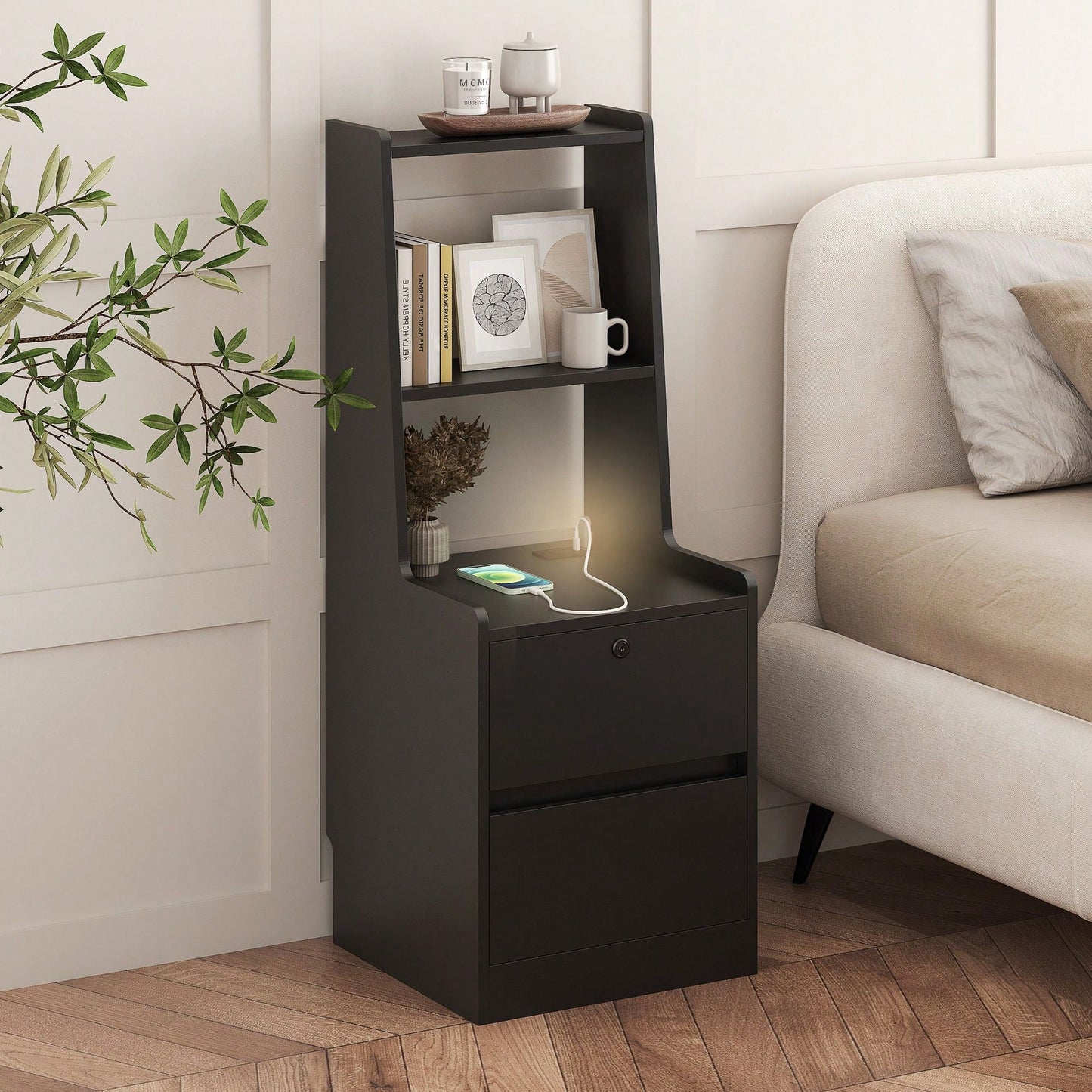 Modern Nightstand with Charging Station and Night Light - Stylish Storage Cabinet for Bedroom with Bookshelf