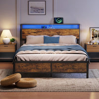 Industrial QUEEN Bed Frame With LED Lights And 2 USB Ports, Bed Frame With Storage, Noise Free, No Box Spring Needed