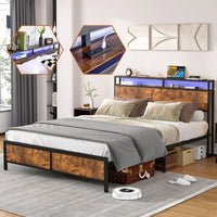 Industrial QUEEN Bed Frame With LED Lights And 2 USB Ports, Bed Frame With Storage, Noise Free, No Box Spring Needed