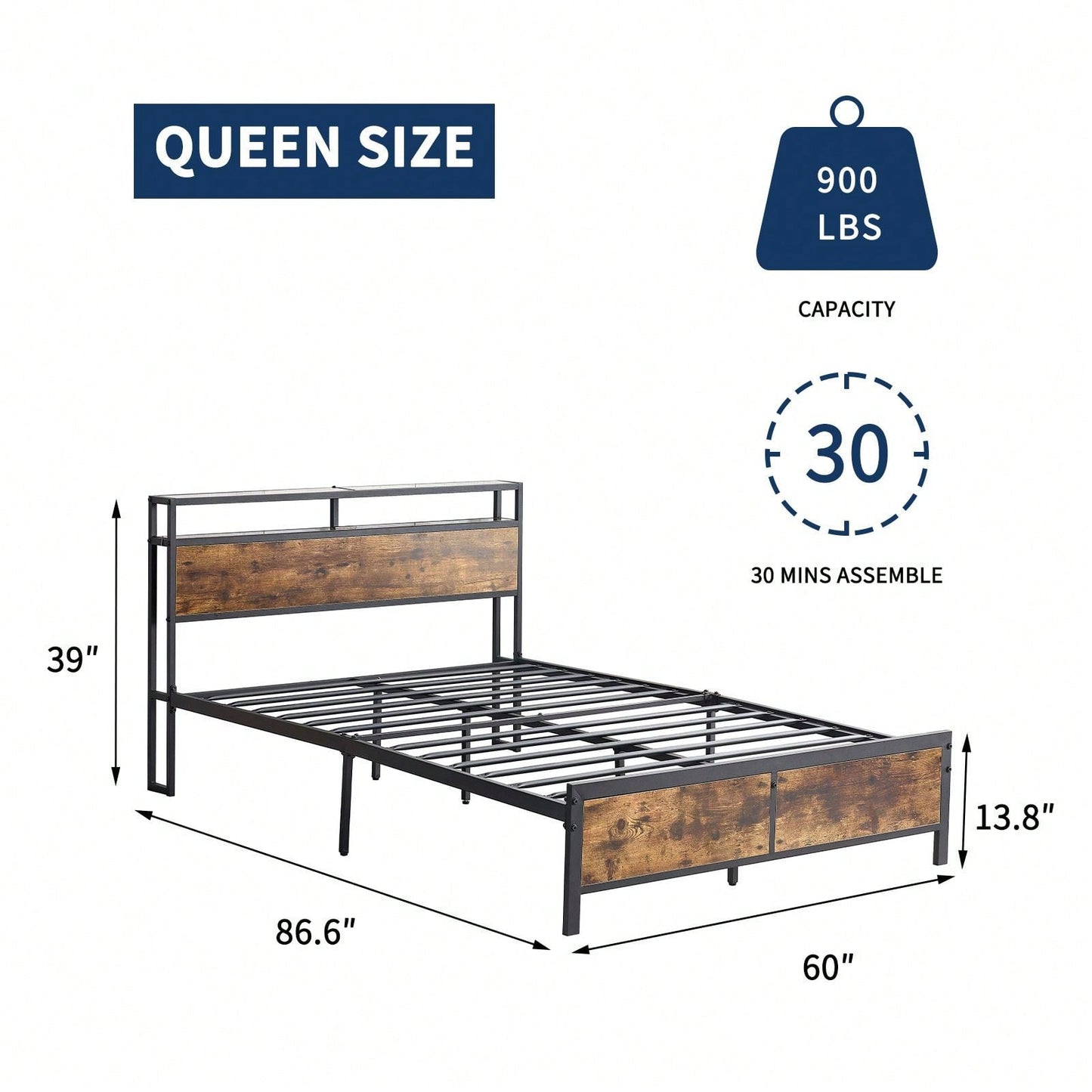 Industrial QUEEN Bed Frame With LED Lights And 2 USB Ports, Bed Frame With Storage, Noise Free, No Box Spring Needed