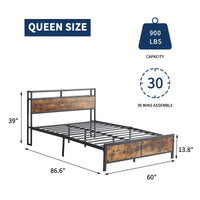 Industrial QUEEN Bed Frame With LED Lights And 2 USB Ports, Bed Frame With Storage, Noise Free, No Box Spring Needed