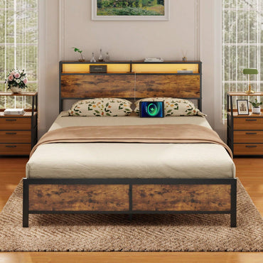 Industrial QUEEN Bed Frame With LED Lights And 2 USB Ports, Bed Frame With Storage, Noise Free, No Box Spring Needed