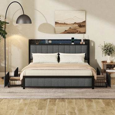 Queen Bed Frame With LED Headboard, Upholstered Bed With 4 Storage Drawers And USB Ports