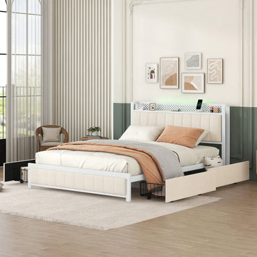 Queen Bed Frame With LED Headboard, Upholstered Bed With 4 Storage Drawers And USB Ports