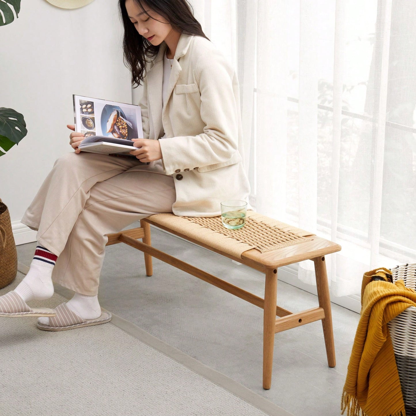 Natural Oak Wood Dining Bench Bed Bench For Dining Room, Bedroom, Bathroom