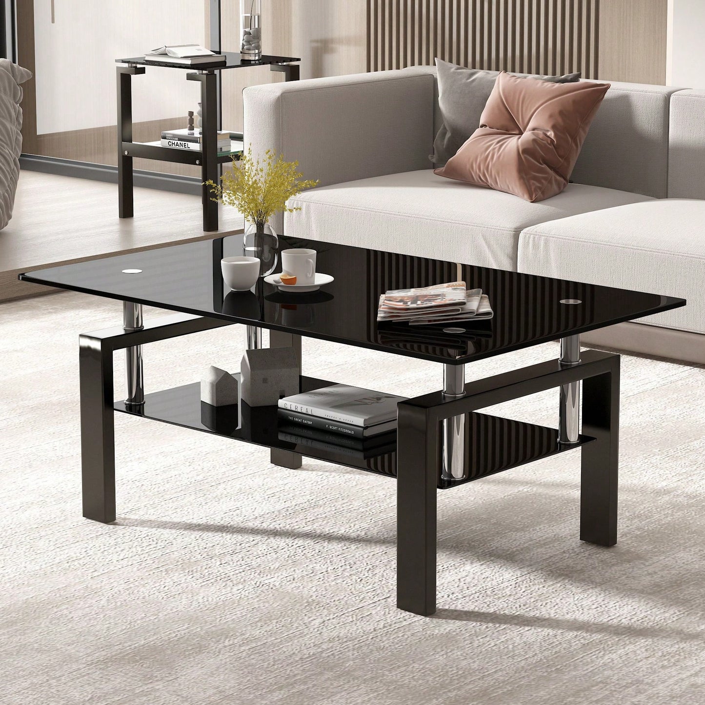 2 Layer Storage Tea Table, Tempered Glass Coffee Table