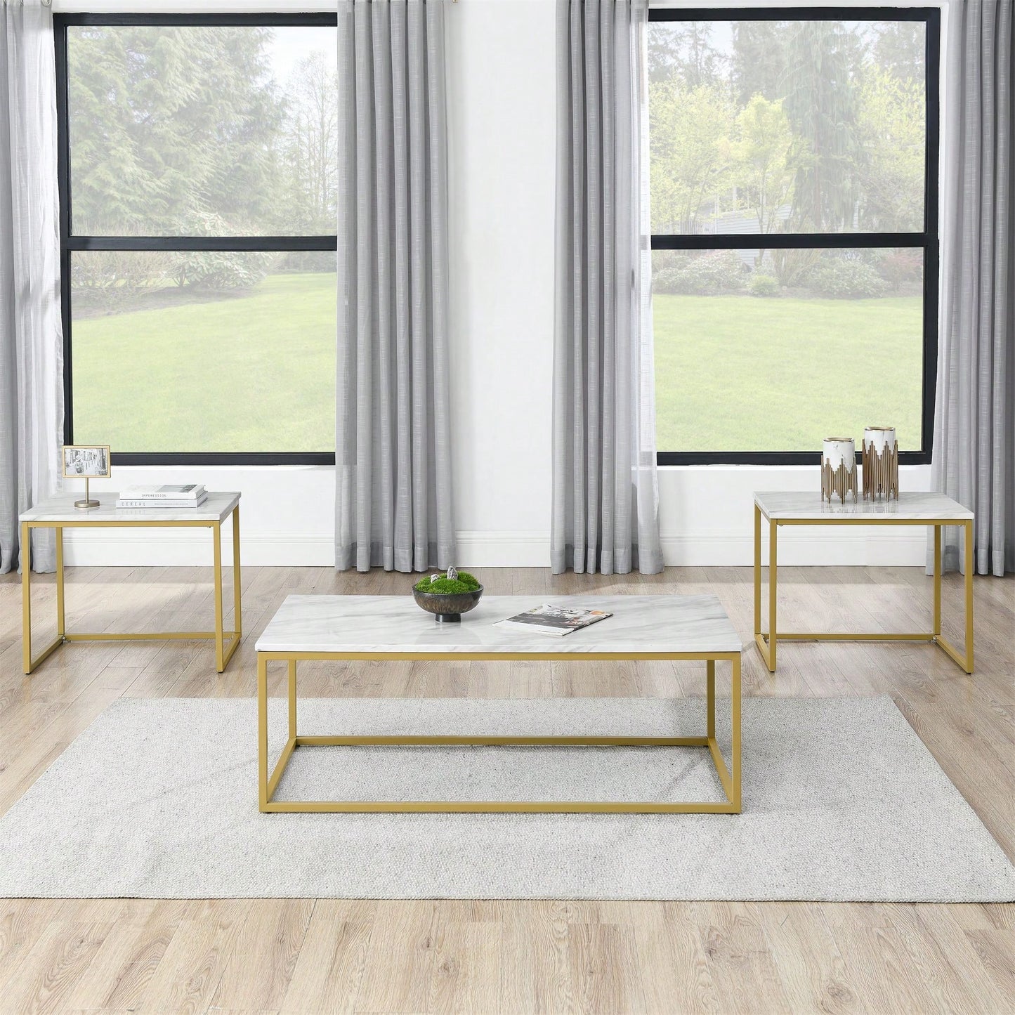 Modern White Faux Marble Coffee Table With 2 End Tables For Living Room And Office