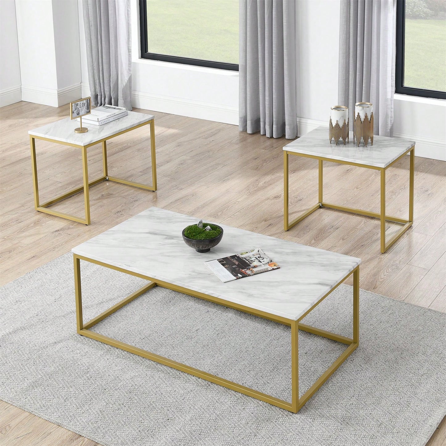 Modern White Faux Marble Coffee Table With 2 End Tables For Living Room And Office