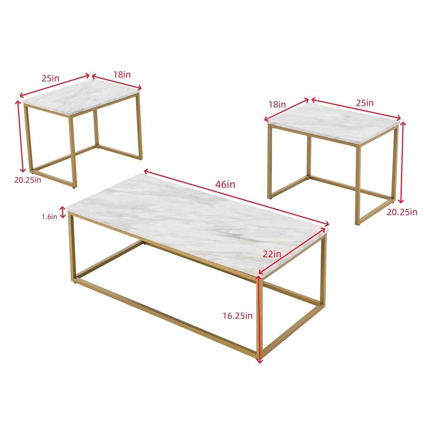 Modern White Faux Marble Coffee Table With 2 End Tables For Living Room And Office