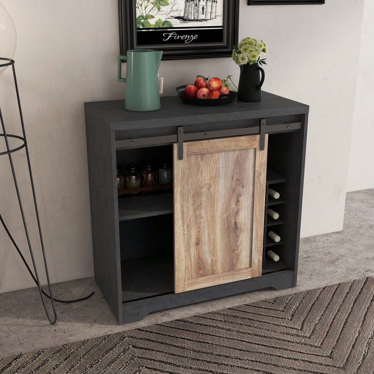 Rustic Wood Wine Cabinet with Stone Finish for Living and Dining Room - Sturdy Farmhouse Coffee Bar Storage - Easy Assembly