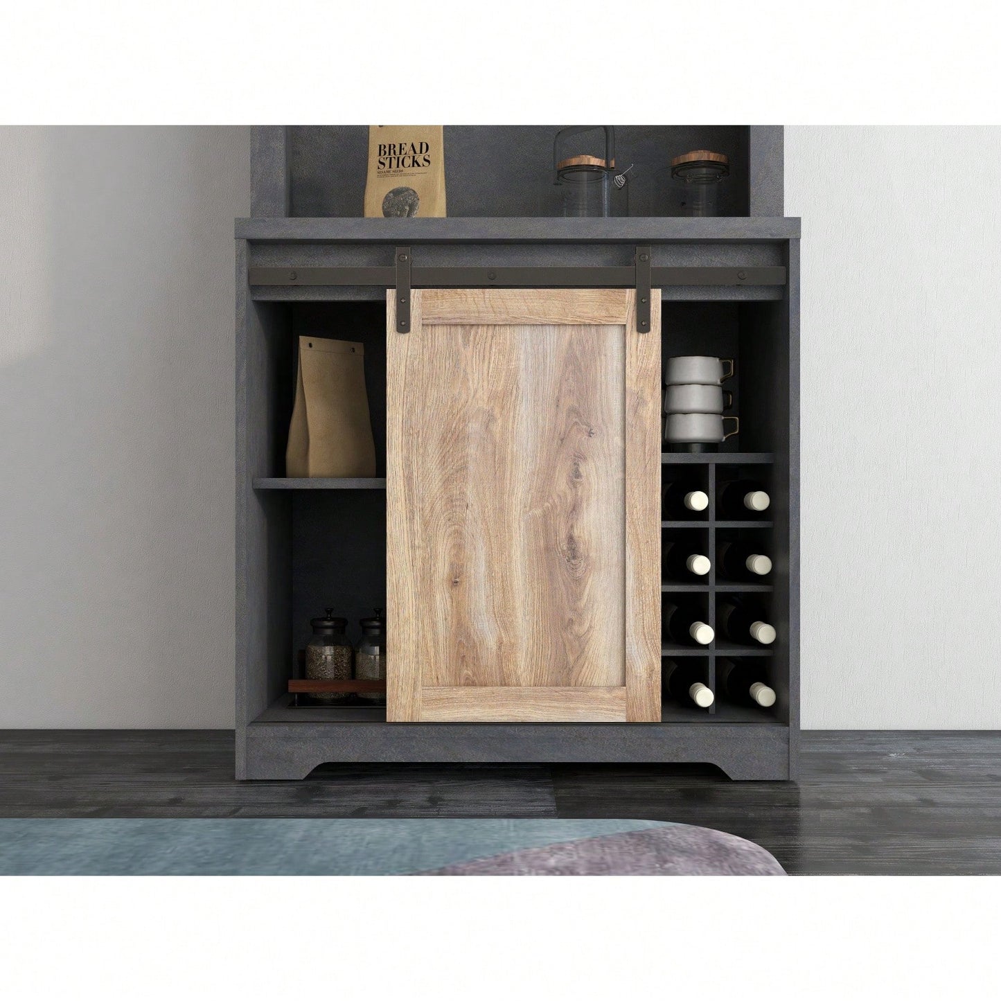 Rustic Wood Wine Cabinet with Stone Finish for Living and Dining Room - Sturdy Farmhouse Coffee Bar Storage - Easy Assembly