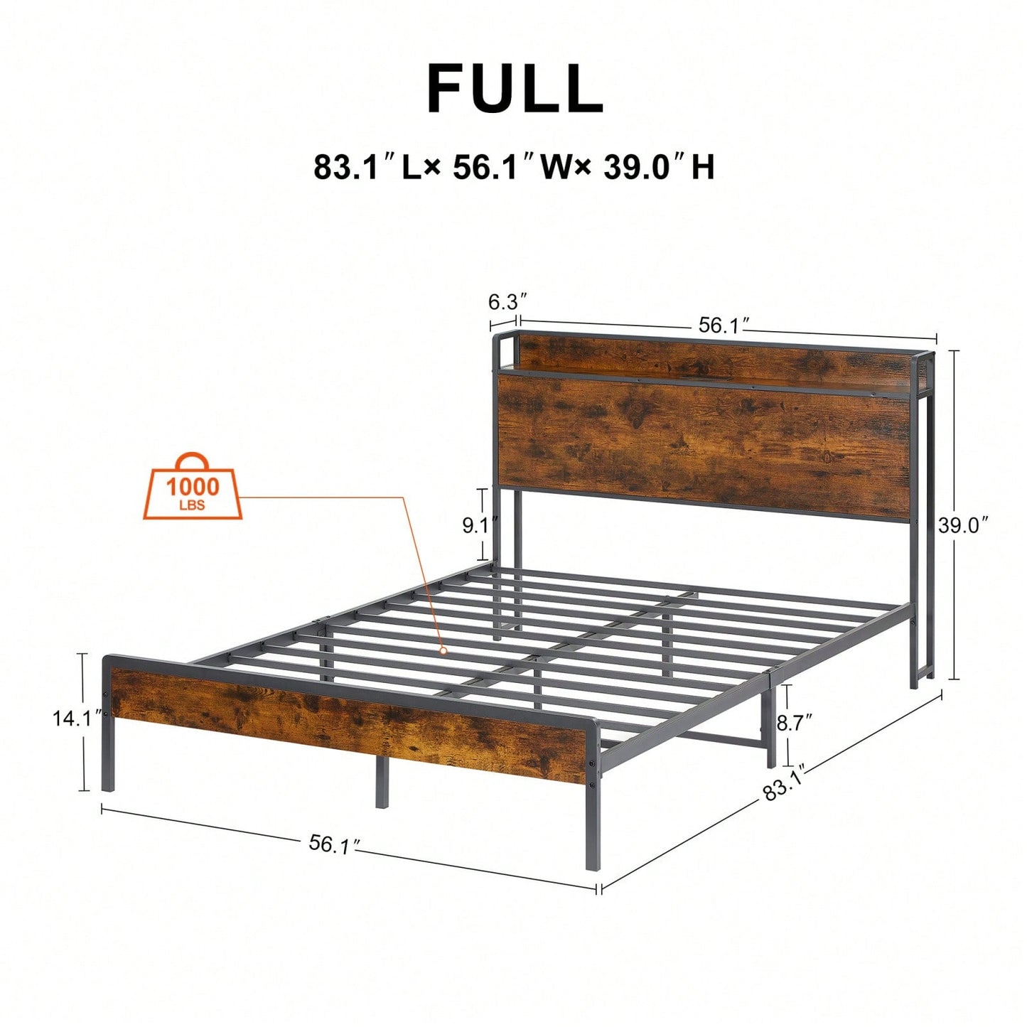 Rustic Brown Full Size Bed Frame with Charging Station USB Ports Sturdy Iron Frame Noise-Free Design Easy Assembly 1000 LB Capacity