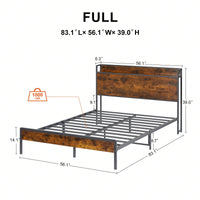 Rustic Brown Full Size Bed Frame with Charging Station USB Ports Sturdy Iron Frame Noise-Free Design Easy Assembly 1000 LB Capacity