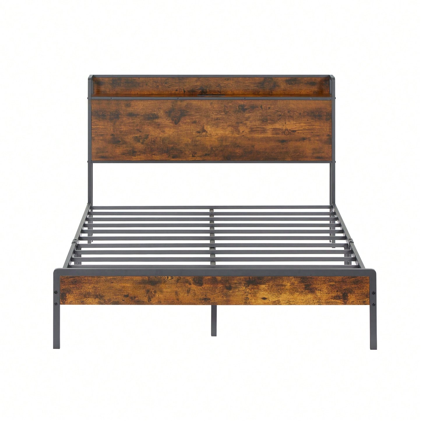 Rustic Brown Full Size Bed Frame with Charging Station USB Ports Sturdy Iron Frame Noise-Free Design Easy Assembly 1000 LB Capacity